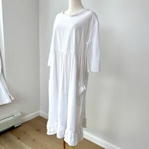 Coastal Cottage White Loose-fit Midi Dress 3/4 Sleeves Pockets Ruffle XL Prairie